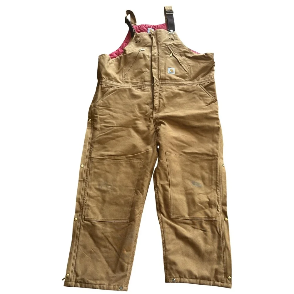 Carhartt Bib Overalls Mens 50x30 Brown R38 Duck Insulated Quilt Lined Workwear